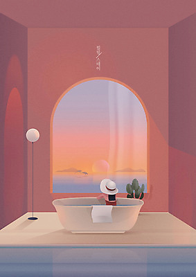 모자 여자 화분 바다 분홍색 백그라운드 일러스트 조명 수영장 욕조 한명 상반신 수건 노을 휴양지 힐링 그라데이션 여자한명만 힐링스테이 국내일러스트 AI파일 자연요소 1 잡화 컬러 사람 위생용품 장소 여자만 파일형식 벡터