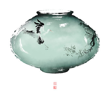 PSD 나무 문양 잎 일러스트 캘리그라피 조류 붓터치 사람없음 바위 나뭇가지 비행 도자기 동양화 번짐 낙관 황새 화조화 국내일러스트 식물 동물 미술 돌_바위 파일형식 효과