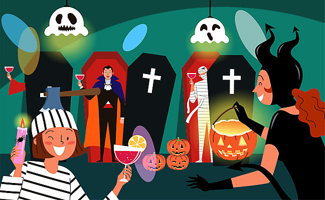 전신 여자 남자 십자가 술잔 일러스트 촛불 호박 전등 조명 사람 여러명 상반신 컬러풀 분장 파티 할로윈 악마 관 도끼 드라큘라 미라 코스프레 국내일러스트 AI파일 컬러 다수 채소 초 잔 이벤트 파일형식 벡터