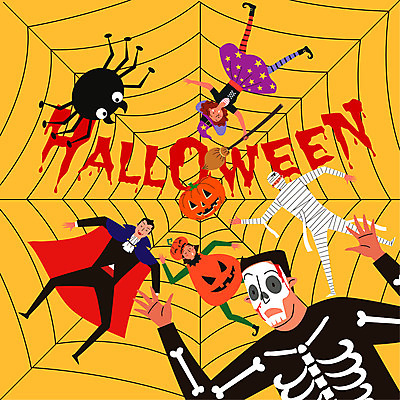 전신 문자 여자 남자 십자가 일러스트 호박 해골 사람 여러명 상반신 분장 노란색 할로윈 거미줄 마녀 거미 드라큘라 미라 코스프레 국내일러스트 AI파일 컬러 다수 곤충 채소 뼈 파일형식 벡터