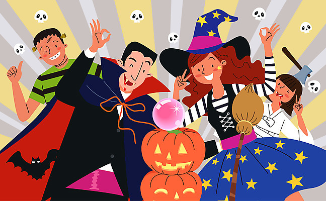 여자 남자 일러스트 호박 사람 여러명 상반신 컬러풀 분장 파티 할로윈 처녀귀신 빗자루 구슬 마녀 도끼 박쥐 드라큘라 몬스터 코스프레 프랑켄슈타인 국내일러스트 AI파일 컬러 다수 채소 포유류 이벤트 유령 청소도구 파일형식 벡터