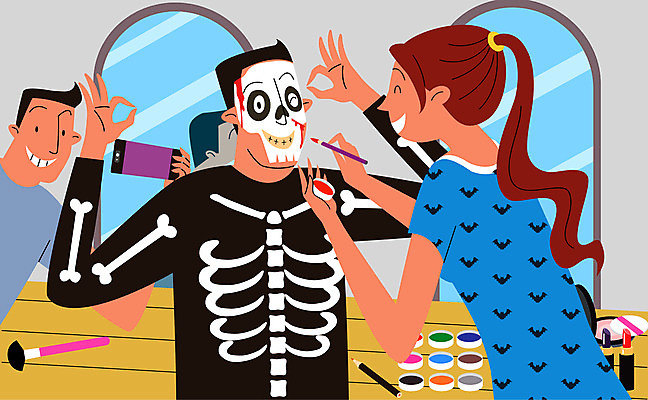 여자 남자 일러스트 사람 상반신 세명 컬러풀 분장 화장품 거울 할로윈 코스프레 국내일러스트 AI파일 컬러 뷰티 파일형식 벡터