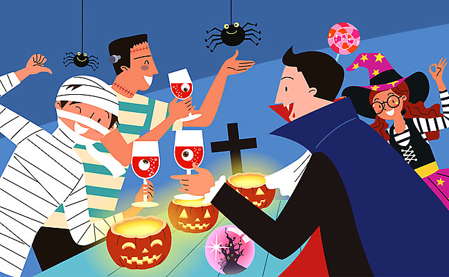 여자 남자 십자가 술잔 일러스트 호박 사탕 사람 여러명 상반신 컬러풀 분장 파티 할로윈 구슬 마녀 거미 드라큘라 몬스터 미라 코스프레 프랑켄슈타인 국내일러스트 AI파일 컬러 다수 곤충 채소 디저트 잔 이벤트 파일형식 벡터