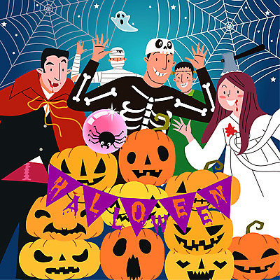 여자 남자 별 십자가 일러스트 호박 해골 사람 여러명 상반신 컬러풀 분장 파티 할로윈 유령 처녀귀신 거미줄 구슬 거미 드라큘라 몬스터 미라 코스프레 프랑켄슈타인 국내일러스트 AI파일 자연요소 컬러 다수 곤충 채소 뼈 이벤트 파일형식 벡터