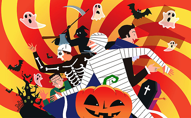 여자 남자 십자가 일러스트 호박 해골 사람 여러명 상반신 컬러풀 분장 파티 할로윈 성 유령 관 박쥐 드라큘라 몬스터 미라 사신 코스프레 프랑켄슈타인 국내일러스트 AI파일 건축물 컬러 다수 채소 포유류 뼈 이벤트 파일형식 벡터