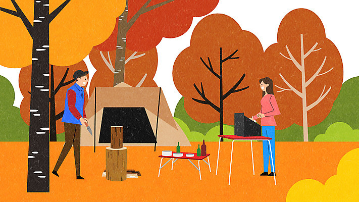 전신 PSD 커플 여자 남자 일러스트 단풍나무 텐트 두명 노란색 주황색 캠핑 가을 장작 바비큐 은행나무 국내일러스트 나무 계절 음식 컬러 단풍 관계 레저 캠핑도구 사람 파일형식