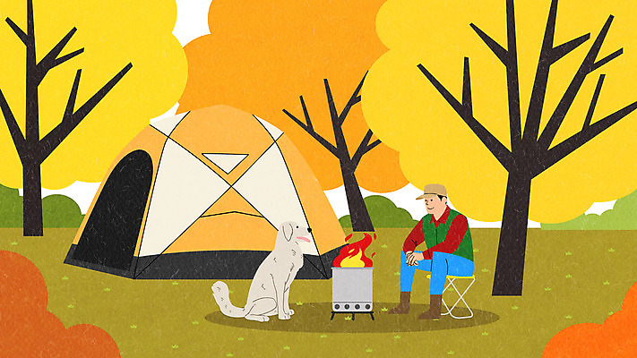 전신 PSD 남자 반려견 일러스트 텐트 한명 노란색 주황색 캠핑 가을 강아지 은행나무 반려 우드스토브 국내일러스트 나무 1 계절 컬러 레저 캠핑도구 사람 반려동물 개 스토브 파일형식