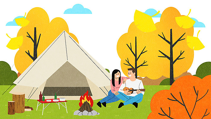 전신 PSD 커플 여자 남자 일러스트 텐트 두명 노란색 주황색 캠핑 가을 장작 모닥불 우쿨렐레 국내일러스트 계절 컬러 관계 불 현악기 레저 캠핑도구 사람 파일형식