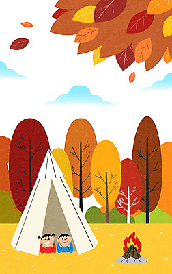 PSD 여자 남자 낙엽 일러스트 단풍나무 텐트 상반신 두명 노란색 주황색 캠핑 가을 은행나무 인디언텐트 국내일러스트 나무 계절 컬러 단풍 잎 레저 캠핑도구 사람 파일형식