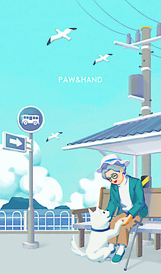 전신 PSD 동물 한마리 여자 노년 반려견 할머니 바다 섬 벤치 일러스트 안기 갈매기 지팡이 하늘 한명 일상 파란색 울타리 반려동물 개 버스정류장 반려 국내일러스트 1 컬러 의자 포유류 모션 조류 사람 성인 라이프 담장 역 파일형식