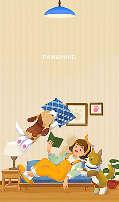 전신 PSD 동물 여자 화분 반려견 액자 쿠션 두마리 일러스트 탁자 전등 한명 일상 반려동물 소파 눕기 스탠드 개 반려 국내일러스트 1 가구 2 의자 포유류 모션 조명 사람 라이프 파일형식