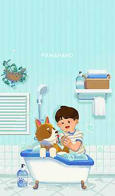 PSD 식물 동물 한마리 남자 반려견 하늘색 일러스트 선반 욕조 한명 상반신 일상 반려동물 목욕 개 샤워기 샴푸 반려 국내일러스트 1 가구 포유류 사람 라이프 파란색 위생용품 청결 파일형식