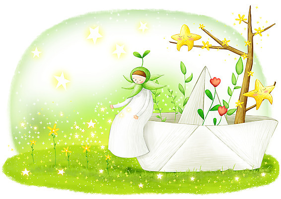 PSD 나무 식물 꽃 별 줄기 백그라운드 꽃밭 일러스트 상상 요정 초원 가로 반짝임 판타지 새싹 나뭇가지 종이배 가상인물 국내일러스트 자연요소 모션 종이접기 파일형식