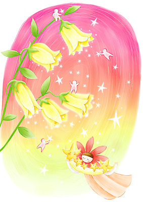 PSD 식물 꽃 별 백그라운드 일러스트 상상 요정 세로 반짝임 판타지 노란색 비행 초롱꽃 가상인물 국내일러스트 자연요소 컬러 모션 파일형식