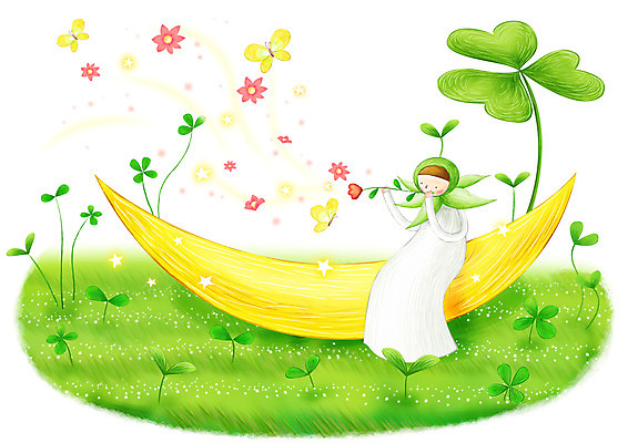 PSD 식물 꽃잎 꽃 나비 곤충 백그라운드 연주 일러스트 상상 요정 초원 가로 반짝임 판타지 새싹 네잎클로버 풀피리 가상인물 국내일러스트 동물 악기 음악 모션 클로버 파일형식