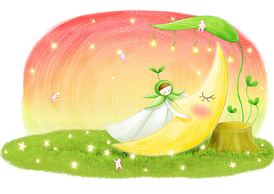 PSD 식물 백그라운드 일러스트 상상 휴식 요정 초원 가로 반짝임 판타지 새싹 달 나뭇잎우산 가상인물 국내일러스트 자연요소 컨셉 우산 모션 파일형식