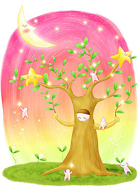 PSD 나무 식물 별 백그라운드 일러스트 상상 요정 세로 반짝임 판타지 새싹 달 별님 가상인물 국내일러스트 자연요소 모션 파일형식