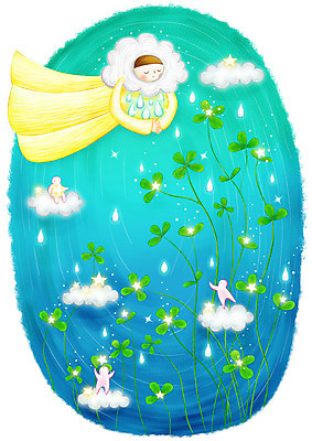 PSD 식물 구름 별 백그라운드 일러스트 상상 요정 세로 반짝임 판타지 비행 비 네잎클로버 빗방울 가상인물 국내일러스트 자연요소 모션 날씨 비_날씨 클로버 파일형식