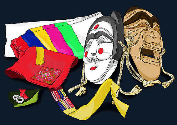 PSD 한국문화 포스터 전통문화 문화 예술 백그라운드 일러스트 문화예술 전통소품 사람없음 가로 보자기 반지 오브젝트 탈춤 탈 하회탈 각시탈 안동하회탈 은반지 한삼 국내일러스트 동양문화 전통 장신구 한국 가면 전통의상 전통공연 전통무용 파일형식 천_직물