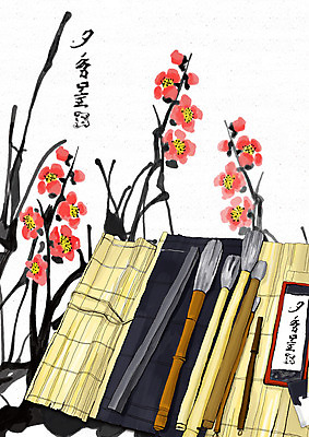 PSD 포스터 문화 예술 백그라운드 일러스트 서예 문화예술 수묵화 미술 사람없음 세로 미술도구 붓 먹 매화 벼루 서예용품 나무발 매화도 문방사우 서진 국내일러스트 한국전통 꽃 문구용품 오브젝트 파일형식