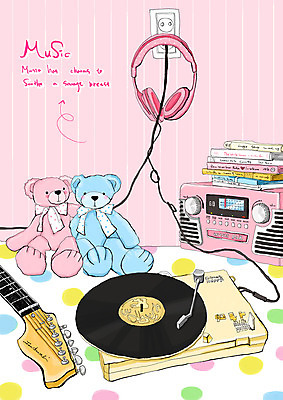 PSD 포스터 문화 예술 악기 음악 인형 백그라운드 무늬 일러스트 현악기 문화예술 사람없음 세로 물방울무늬 헤드폰 줄무늬 곰인형 기타 오브젝트 라디오 턴테이블 레코드플레이어 국내일러스트 음향기기 전자제품 파일형식