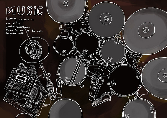 PSD 포스터 문화 예술 악기 음악 컬러 음향기기 백그라운드 일러스트 문화예술 타악기 사람없음 가로 검은색 헤드폰 드럼 발판 앰프 드럼스틱 국내일러스트 전자제품 파일형식