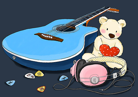 PSD 포스터 문화 예술 악기 음악 인형 백그라운드 일러스트 현악기 문화예술 사람없음 가로 헤드폰 곰인형 기타 통기타 피크 국내일러스트 음향기기 파일형식