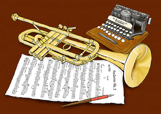 PSD 포스터 문화 예술 악기 음악 백그라운드 연주 일러스트 문화예술 관악기 사람없음 가로 필기구 펜 공연 악보 오브젝트 트럼펫 타자기 연주회 국내일러스트 문구용품 이벤트 골동품 금관악기 음악회 파일형식