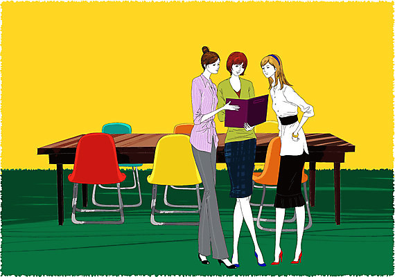 EPS 라이프스타일 여자 의자 일러스트 회사 비즈니스 모션 탁자 회의 실내 대화 사람 가로 세명 비즈니스라이프 사무실 직장인 비즈니스우먼 회의실 문서 파일 여자만 국내일러스트 직업 가구 말하기 내부 생활 파일형식 벡터