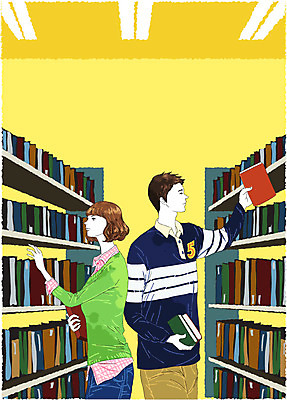 EPS 학생 라이프스타일 여자 남자 대학생 일러스트 학교 대학생라이프 책장 실내 사람 두명 책 세로 캠퍼스라이프 도서관 대학교 국내일러스트 교육 가구 내부 생활 파일형식 벡터