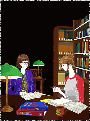 EPS 학생 라이프스타일 여자 안경 대학생 일러스트 학교 탁자 대학생라이프 조명 책장 실내 사람 두명 책 컵 세로 필기구 펜 캠퍼스라이프 머그컵 스탠드 도서관 책상 대학교 여자만 국내일러스트 식기 잡화 교육 가구 문구용품 내부 생활 파일형식 벡터