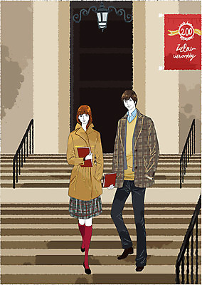 EPS 학생 라이프스타일 커플 여자 남자 대학생 일러스트 난간 학교 대학생라이프 전등 조명 사람 야외 두명 책 세로 계단 캠퍼스라이프 깃발 대학교 국내일러스트 교육 관계 생활 파일형식 벡터