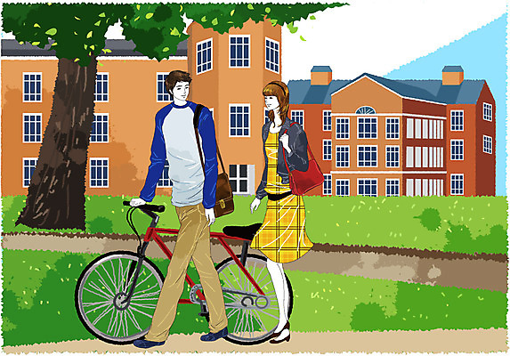 EPS 나무 식물 학생 라이프스타일 커플 여자 남자 대학생 일러스트 학교 대학생라이프 사람 잔디 야외 두명 건물 가로 캐주얼 친구 캠퍼스라이프 자전거 산책 대학교 등교 하교 교정 국내일러스트 건축물 옷 교육 관계 휴식 생활 바이크 등하교 파일형식 벡터