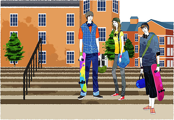 EPS 나무 식물 학생 라이프스타일 여자 남자 대학생 가방 일러스트 학교 대학생라이프 사람 취미 야외 건물 가로 캐주얼 세명 레포츠 계단 캠퍼스라이프 헤드폰 스케이트보드 보드 대학교 교정 국내일러스트 건축물 잡화 옷 교육 스포츠 음향기기 레저 생활 보드_스포츠 파일형식 벡터