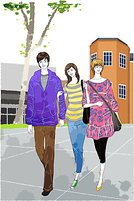 EPS 주간 나무 식물 학생 라이프스타일 여자 남자 대학생 가방 일러스트 학교 대학생라이프 미소 웃음 사람 야외 건물 캐주얼 세로 세명 친구 캠퍼스라이프 대학교 등교 하교 교정 국내일러스트 자연요소 건축물 잡화 옷 교육 관계 표정 생활 등하교 파일형식 벡터