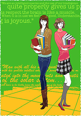 EPS 학생 라이프스타일 여자 교육 대학생 일러스트 학교 대학생라이프 사람 두명 책 캐주얼 세로 친구 캠퍼스라이프 대학교 여자만 국내일러스트 옷 관계 생활 파일형식 벡터