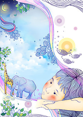 PSD 나무 식물 동물 구름 여자 백그라운드 생각 일러스트 상상 청소년 하늘 나뭇잎 코끼리 어류 한명 사람 10대 세로 판타지 달 원형 초승달 기린 사색 여자만 여자한명만 십대만 십대여자만 십대여자한명만 국내일러스트 자연요소 도형 1 잎 포유류 수중동물 파일형식