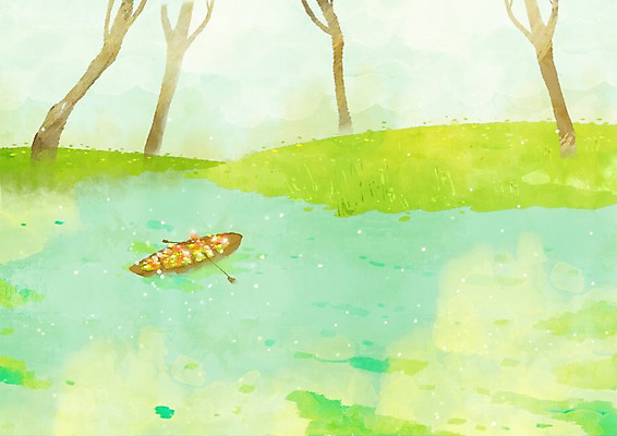 PSD 나무 식물 사계절 계절 꽃 호수 백그라운드 일러스트 자연 풍경 사람없음 강 봄풍경 봄 공백 연못 풀 나룻배 노 봄배경 국내일러스트 배_교통 생태계 선박 파일형식