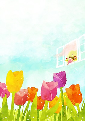 PSD 식물 사계절 계절 여자 꽃 로우앵글 백그라운드 꽃밭 일러스트 창문 자연 한명 사람 풍경 봄풍경 봄 공백 튤립 커튼 여자만 여자한명만 봄배경 국내일러스트 1 뷰포인트 생태계 파일형식