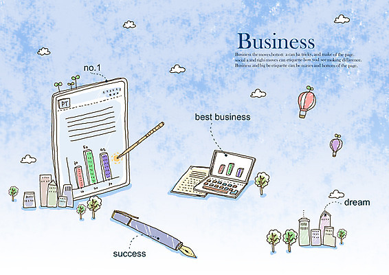 PSD 백그라운드 일러스트 비즈니스 통계 성공 수치 그래프 빌딩 사람없음 건물 노트북 펜 만년필 꿈 열기구 목표 막대그래프 분석 국내일러스트 건축물 컨셉 항공교통 전자제품 필기구 파일형식