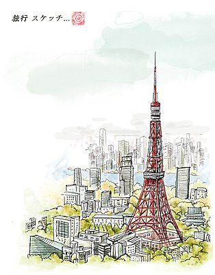 PSD 나무 건축물 아시아 여유 여행 일러스트 휴식 빌딩 사람없음 건물 탑 일본 도시 도쿄 일본여행 과거 도쿄타워 국내일러스트 식물 건축 감정 나라 해외여행 컨셉 파일형식