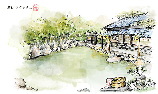 PSD 나무 건축물 아시아 여유 여행 일러스트 휴식 주택 욕조 사람없음 건물 수건 일본 온천 돌_바위 바위 숲 일본여행 과거 유후인온천 국내일러스트 식물 건축 감정 나라 해외여행 컨셉 위생용품 스파 파일형식