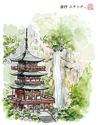 PSD 나무 건축물 아시아 여유 여행 일러스트 휴식 산 사람없음 건물 탑 일본 절벽 폭포 일본여행 과거 나치폭포 국내일러스트 식물 건축 감정 나라 해외여행 컨셉 자연 파일형식