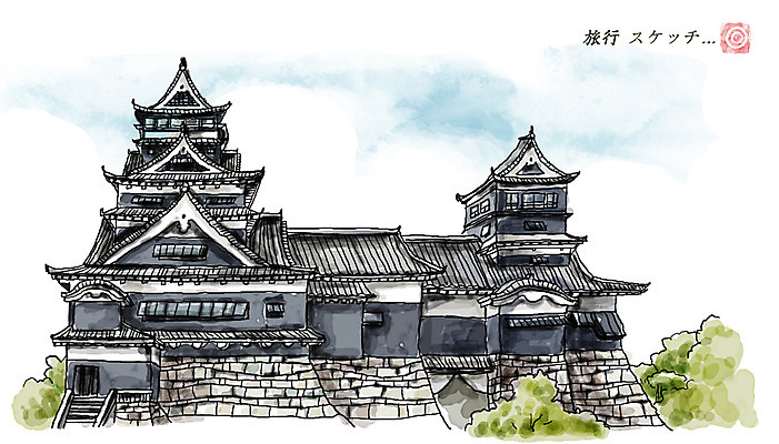 PSD 나무 건축물 아시아 여유 여행 일러스트 하늘 휴식 사람없음 건물 일본 성 일본여행 과거 구마모토 구마모토성 국내일러스트 식물 건축 감정 나라 해외여행 컨셉 파일형식