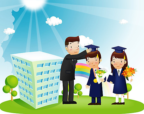 EPS 나무 식물 학생 여학생 여자 교육 남자 남학생 꽃다발 일러스트 학사모 졸업 졸업생 사람 빌딩 소년 건물 가로 세명 햇빛 태양 교사 졸업가운 국내일러스트 자연요소 직업 모자_잡화 건축물 꽃 어린이 가운 파일형식 벡터