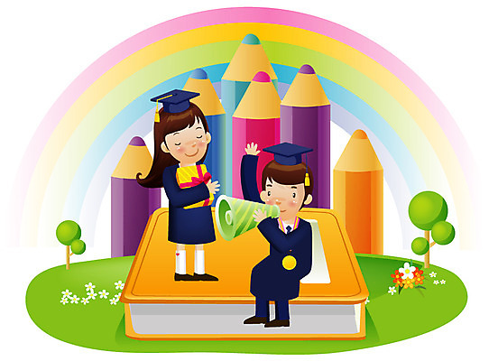 EPS 나무 식물 학생 여학생 여자 교육 남자 꽃 남학생 무지개 일러스트 학사모 졸업 색연필 졸업생 선물 사람 소년 두명 책 가로 선물상자 상자 필기구 확성기 졸업가운 메달 국내일러스트 자연요소 모자_잡화 어린이 문구용품 학용품 가운 상_상패 파일형식 벡터