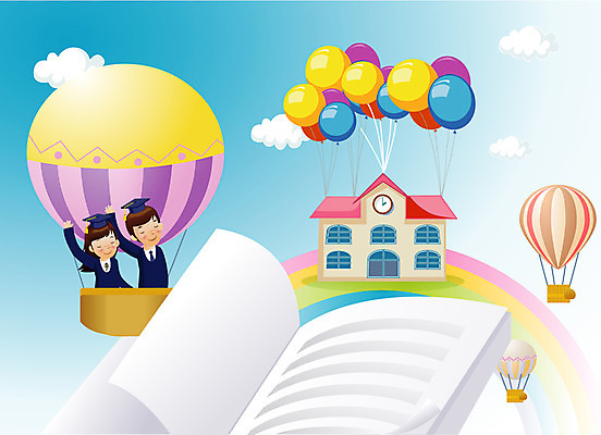 EPS 구름 학생 여학생 여자 교육 남자 남학생 무지개 일러스트 학사모 졸업 학교 하늘 졸업생 사람 소년 두명 건물 책 가로 기구 열기구 비행 인사 졸업가운 풍선 국내일러스트 자연요소 모자_잡화 건축물 어린이 항공교통 예절 가운 파일형식 벡터