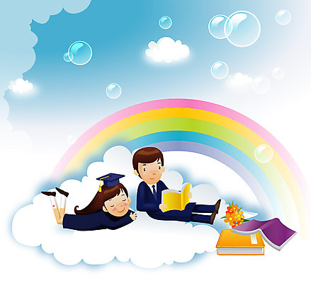 EPS 식물 구름 학생 여학생 여자 교육 남자 꽃 남학생 꽃다발 무지개 일러스트 학사모 졸업 졸업생 사람 소년 두명 책 가로 독서 물방울 졸업가운 공기방울 국내일러스트 자연요소 모자_잡화 어린이 가운 파일형식 벡터