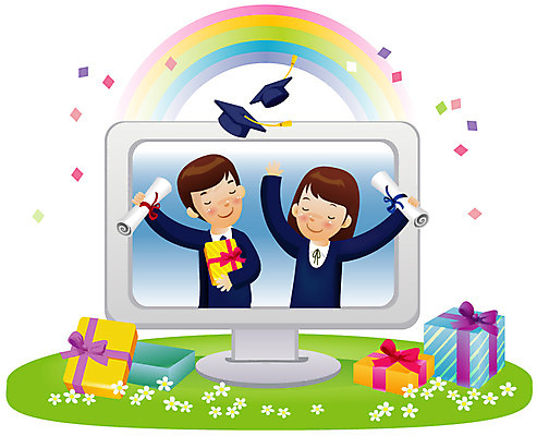 EPS 학생 여학생 여자 교육 남자 꽃 남학생 무지개 일러스트 학사모 졸업 졸업생 선물 사람 소년 두명 가로 선물상자 상자 모니터 축하 졸업가운 던지기 졸업장 국내일러스트 자연요소 식물 모자_잡화 어린이 컨셉 모션 컴퓨터 가운 파일형식 벡터