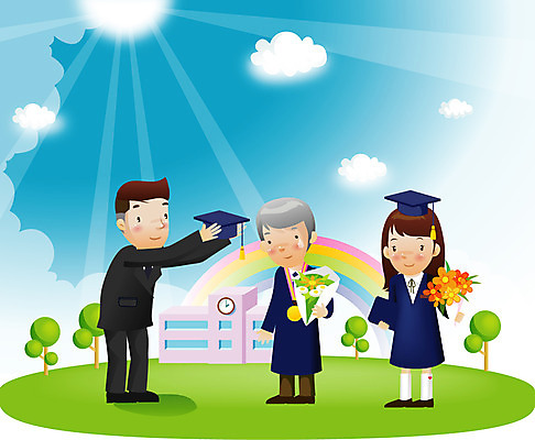 EPS 주간 나무 식물 구름 학생 여학생 여자 교육 할아버지 노년 남자 꽃다발 무지개 일러스트 학사모 졸업 학교 졸업생 사람 초원 야외 건물 가로 세명 햇빛 교사 축하 졸업가운 졸업장 메달 눈물 감동 만학도 노인만 성인만 국내일러스트 자연요소 직업 모자_잡화 건축물 꽃 감정 컨셉 성인 태양 가운 상_상패 파일형식 벡터